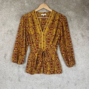Max Studio Blouse Womens Extra Small Yellow Floral 3/4 Sleeve V Neck- 3214*